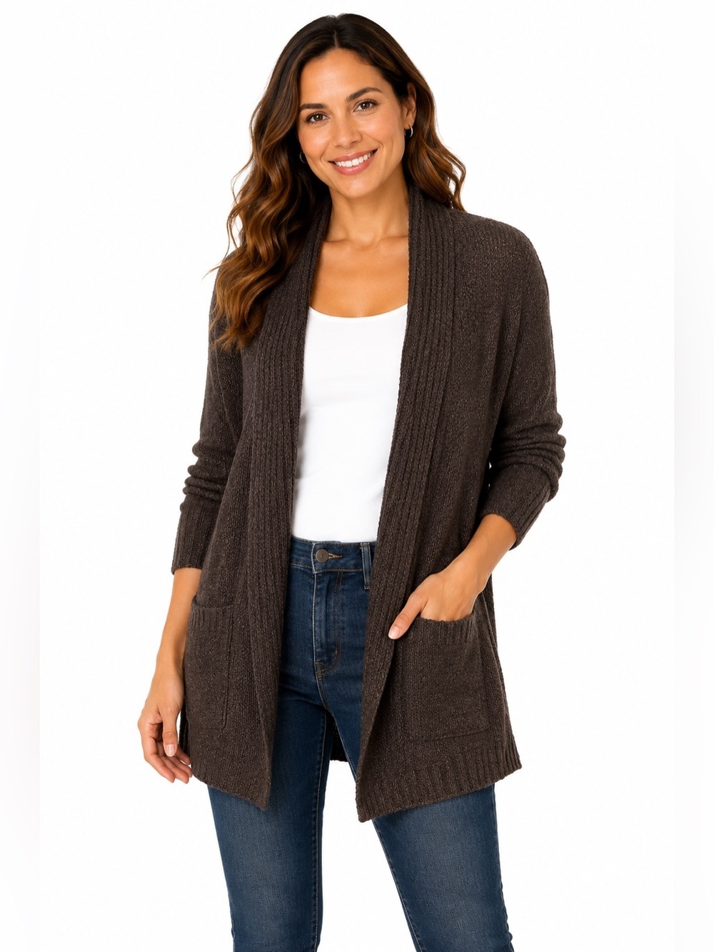 Open-Front Knit Cardigan Sweater, size M